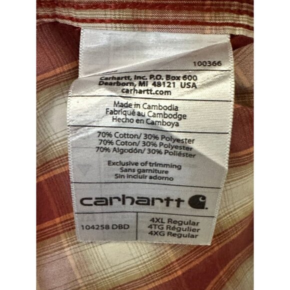 Carhartt Short Sleeve Red Plaid Button Down Work Shirt Mens 4XL XXXXL Relaxed Fi - Picture 5 of 5